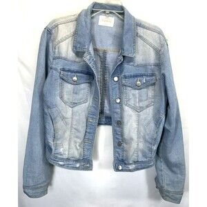 Tinsel Town Women's Large Long Sleeve Blue Distressed Denim Jean Trucker Jacket